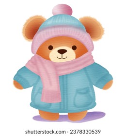 A cute teddy bear cartoon character wearing winter fashion clothes. Vector illustration drawing.