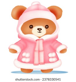 A cute teddy bear cartoon character wearing winter fashion clothes. Vector illustration drawing.