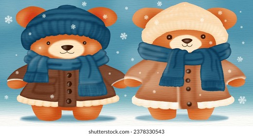 A cute teddy bear cartoon character wearing winter fashion clothes. Vector illustration drawing.