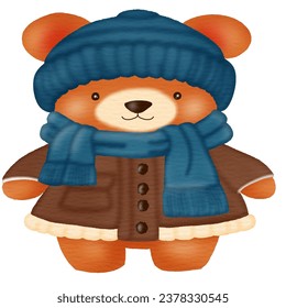 A cute teddy bear cartoon character wearing winter fashion clothes. Vector illustration drawing.