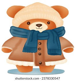 A cute teddy bear cartoon character wearing winter fashion clothes. Vector illustration drawing.