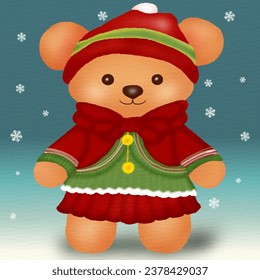 A cute teddy bear cartoon character wear Christmas clothes ,Christmas , winter, holiday design elements.Vector illustration drawing.