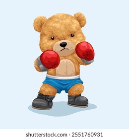 Cute teddy bear cartoon character with boxing gloves. Vector illustration