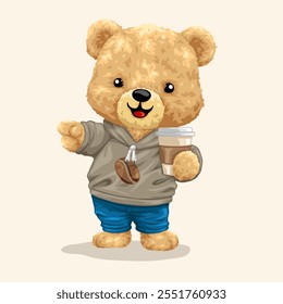 Cute teddy bear cartoon character holding coffee cup. Vector illustration