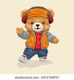 Cute teddy bear cartoon character with headphone dancing. Vector illustration