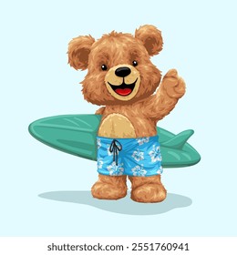 Cute teddy bear cartoon character with surfboard. Vector illustration