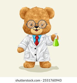 Cute teddy bear cartoon character in scientist costume with chemistry test tube. Vector illustration