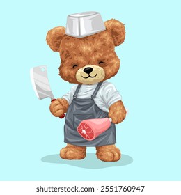 Cute teddy bear cartoon character in butcher costume holding cleaver and meat. Vector illustration