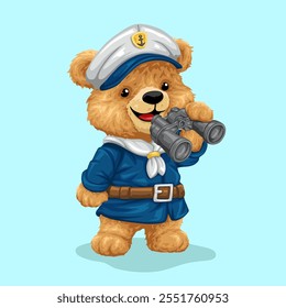 Personaje de dibujos animados lindo oso de peluche en traje de marinero con binocular. Ilustración vectorial