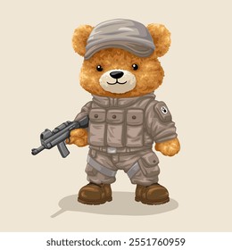 Netter Teddybär Cartoon-Charakter in Militäruniform mit Gewehr. Vektorgrafik