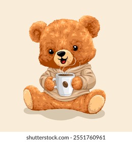 Personaje lindo de la historieta del oso de peluche que sostiene una taza de café grande. Ilustración vectorial