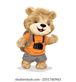 Cute teddy bear cartoon character traveler with camera. Vector illustration