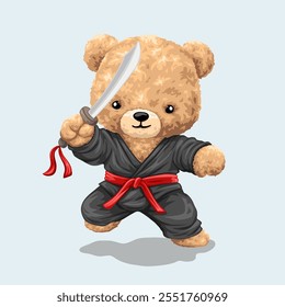 Cute teddy bear cartoon character in martial arts costume with sword. Vector illustration