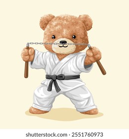 Personaje lindo de la historieta del oso de peluche en traje de artes marciales con doble palo. Ilustración vectorial