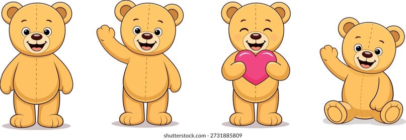Cute teddy bear cartoon character set in different poses including waving, standing, sitting and holding heart, isolated on white background, suitable for kids designs, greeting cards, education and mascots.