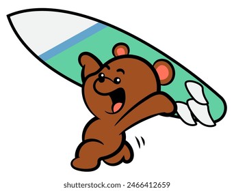 Cute Teddy Bear cartoon characters carrying a surfboard at beach. Best for sticker, logo, and mascot with summer themes for kids