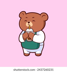 Cute Teddy Bear Cartoon Drinking Boba Milk Tea Vector Icon Illustration. Flat Cartoon Style Vector Mascot.