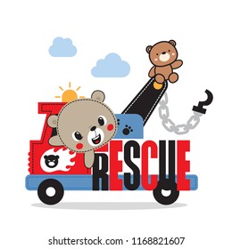 Cute teddy bear cartoon driving a red tow truck isolated on white background illustration vector.