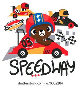 Cute teddy bear cartoon driving formula race car crossing finish line illustration. /Vector print for children wear.

