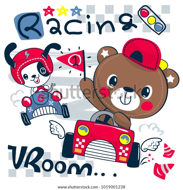 Cute teddy bear cartoon driving race car holding\
a number one flag with little dog isolated on white background\
illustration vector.