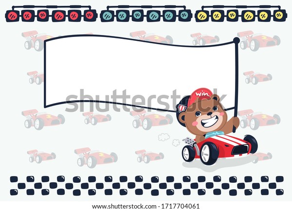 Cute teddy bear cartoon driving
formula race car and holding a blank flag vector
illustration.