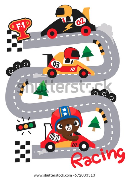 Cute teddy\
bear cartoon driving formula race car on race track illustration.\
/Vector print for children\
wear.