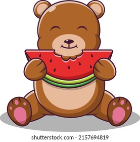 Cute Teddy bear cartoon eating watermelon, Cartoon bear in summer holiday, vector cartoon illustration