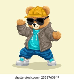 Cute teddy bear cartoon in hipster fashion style dancing. Vector illustration