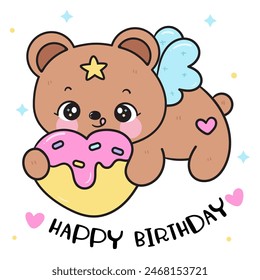 Cute teddy bear cartoon holding heart birthday for party. Series: Kawaii animals baby shower fairytales cub(Character cartoon). For baby t shirt, celebration party, greeting card, nursery kids.