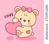 Cute teddy bear cartoon hug heart Valentine animal kawaii bear. Whimsical character. Flat illustration for clipart vector and baby shirt design.