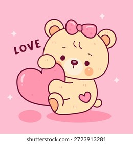 Lindo oso de peluche de dibujos animados abrazo corazón animal de San Valentín kawaii oso. Carácter caprichoso. Ilustración plana para el Vector Clipart y el diseño de la camisa del bebé.