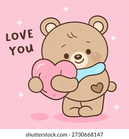 Cute teddy bear cartoon hug pink heart Valentine animal kawaii bear. Whimsical character. Flat illustration for clipart vector and baby shirt design.
