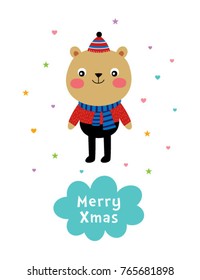 cute teddy bear cartoon merry christmas greeting card vector