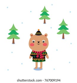 cute teddy bear cartoon merry christmas greeting vector