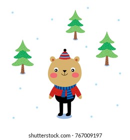 cute teddy bear cartoon merry christmas greeting vector