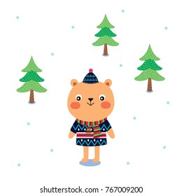 cute teddy bear cartoon merry christmas greeting vector