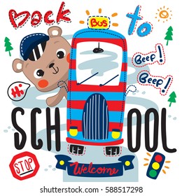 Cute teddy bear cartoon on the bus to school isolate on white background illustration vector.