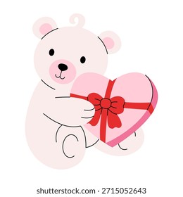 Ursinho de pelúcia bonito. Cartoon plush urso animal com caixa de chocolate e arco vermelho para cartão de cumprimentos do dia dos namorados, amor romântico presente de brinquedo feriado. Ilustração plana vetorial.