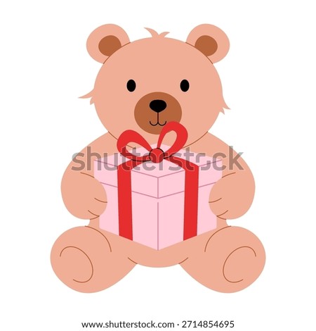 Cute teddy bear. Cartoon plush bear animal holding gift box with red bow for Valentines day greeting card, love romantic holiday toy gift. Vector flat illustration.