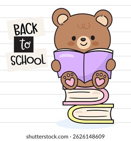 Cute Teddy Bear Cartoon Reading Book on Book Stack. Back to School Kids Kawaii Animals. Flat Baby Kitten Playing Illustration.