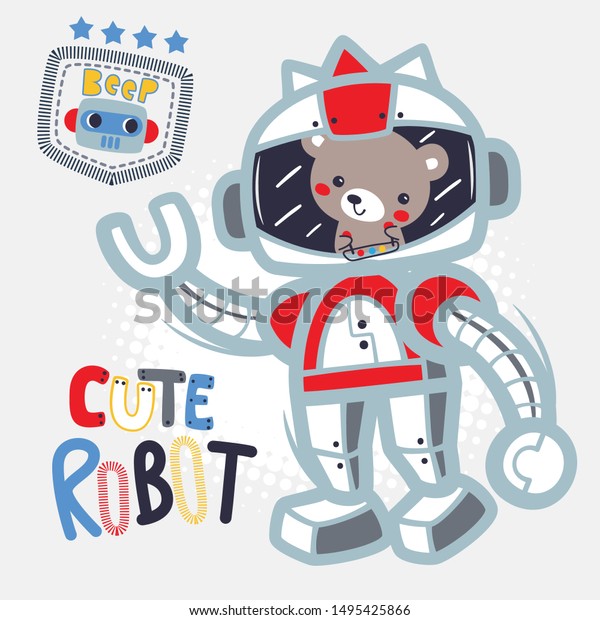 白い背景にかわいいテディベアの漫画に乗るロボット イラストベクター画像 のベクター画像素材 ロイヤリティフリー