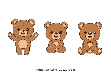 Lindo oso de peluche de dibujos animados en tres poses incluyendo de pie, sentado y sonriendo. Ilustración adorable del carácter animal para el diseño de los niños, los juguetes, las pegatinas, y la decoración del vivero