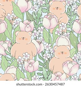 Cute teddy bear cartoon in tulip flower garden seamless background