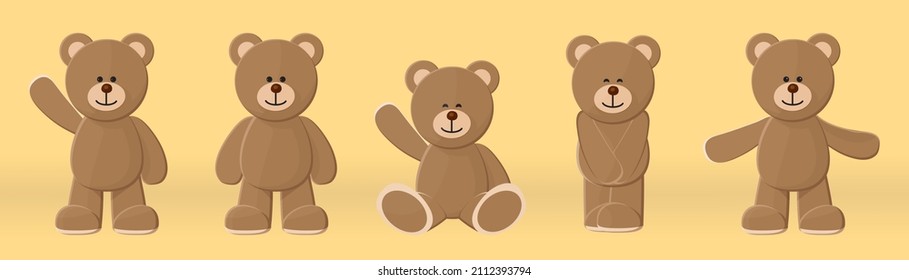 Cute teddy bear cartoon vector set with various gestures on light yellow background.