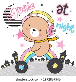 Cute teddy bear cartoon wearing a headphones listen to music at night in the city on white background illustration vector.