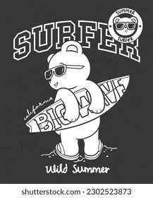 Cute teddy bear cartoon wearing sunglasses with surfboard on the beach on black background illustration, Graphic slogan print.