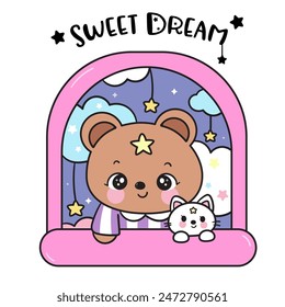 Cute teddy bear and cat in window sweet dream fairy tales. Series: Good night kiss bedtime story Kawaii animals sleeping funny (Character cartoon). For baby t shirt, celebration party, greeting card.