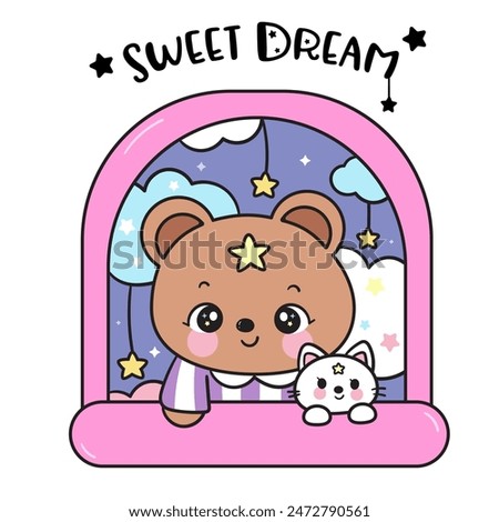 Cute teddy bear and cat in window sweet dream fairy tales. Series: Good night kiss bedtime story Kawaii animals sleeping funny (Character cartoon). For baby t shirt, celebration party, greeting card.