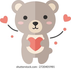 Carácter lindo del oso de peluche que sostiene un corazón rojo, mascota del juguete de la felpa de kawaii para el día de San Valentín y el amor, Ilustración vectorial plana