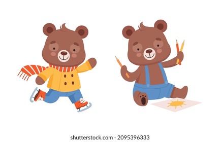 Cute Teddy Bear Character Ice Skating in Winter and Drawing with Pencils Vector Set